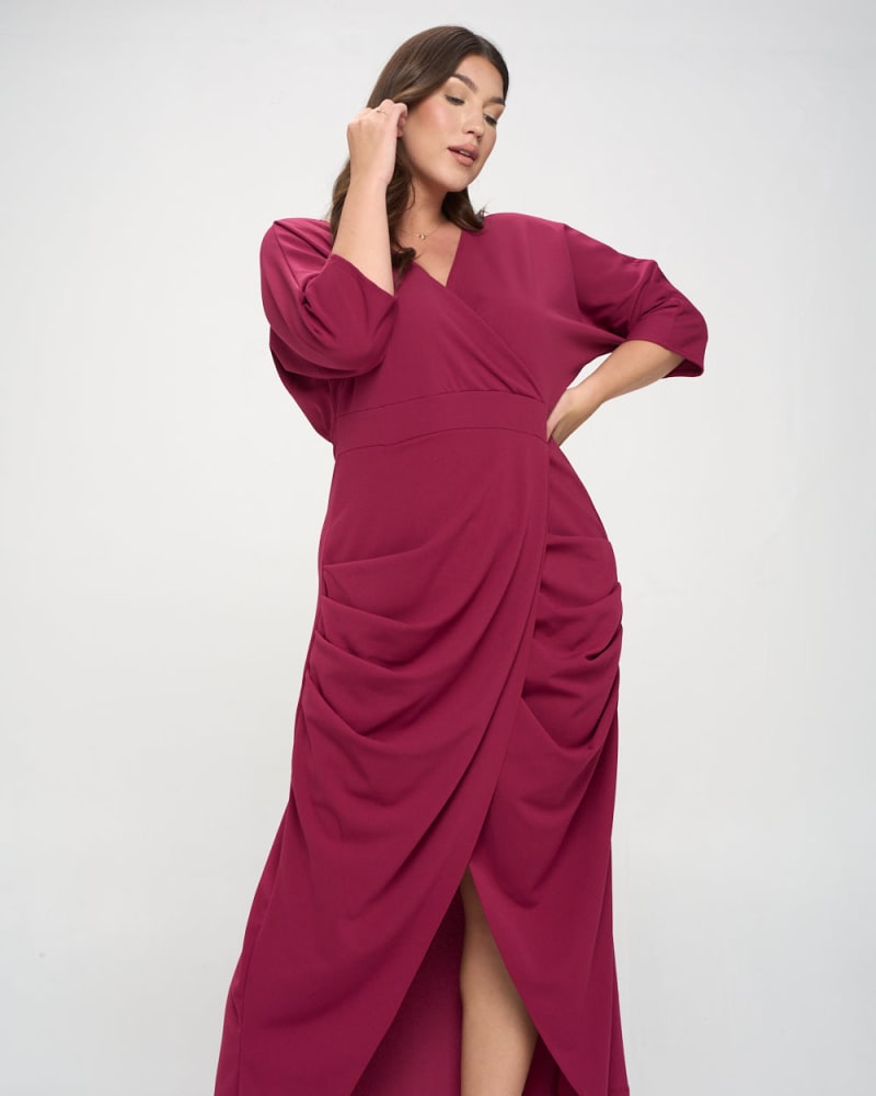Front of a model wearing a size 2X Juliette Wrap Maxi Dress in Magenta by L I V D. | dia_product_style_image_id:240573